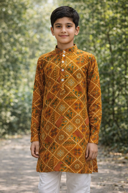 Boys Mustard Mosaic Festive Kurta Set