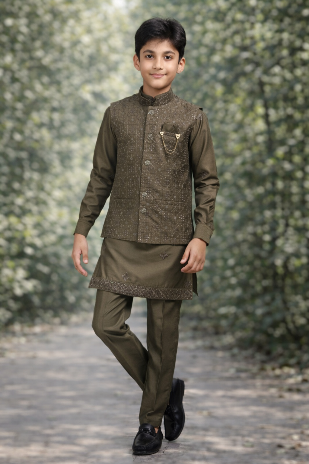 Boys Olive Green Waistcoat Kurta Set