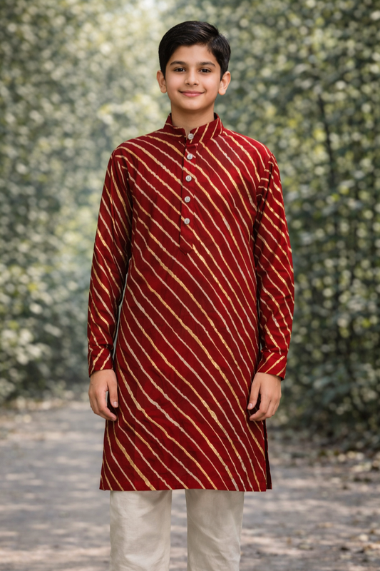 Boys Scarlet Red Striped Kurta Set