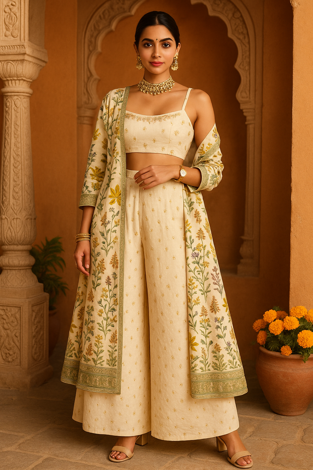 Cream Floral Jacket Set with Sleeveless Crop Top & Palazzo