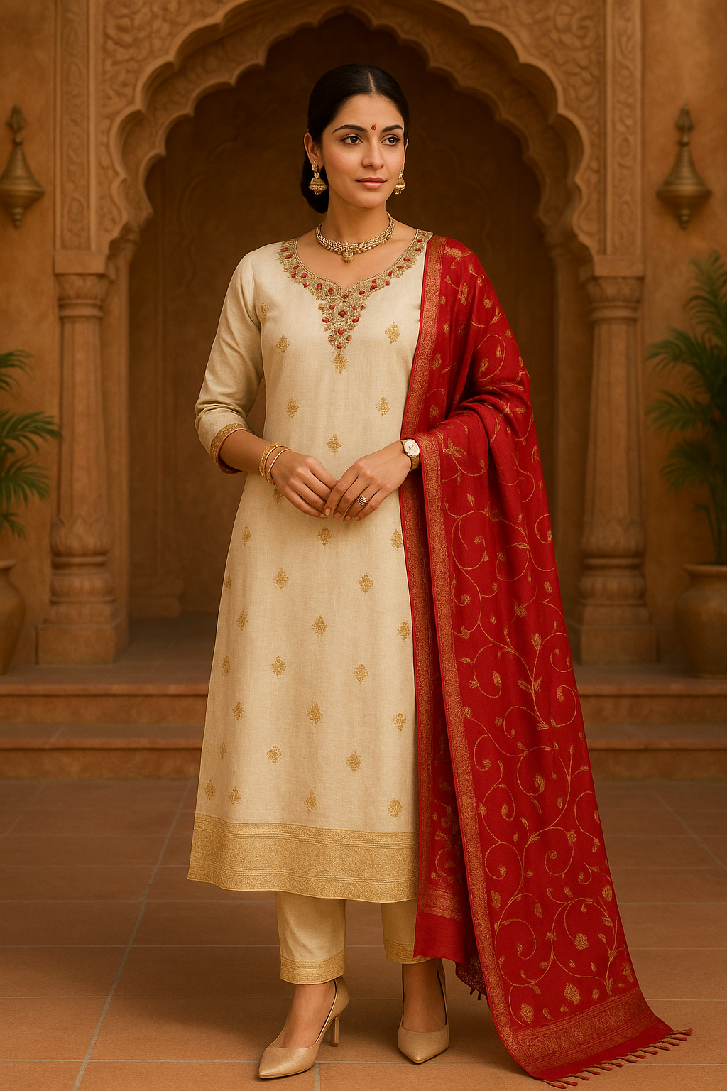 Ivory Radiance Cotton Silk Suit with Royal Red Dupatta