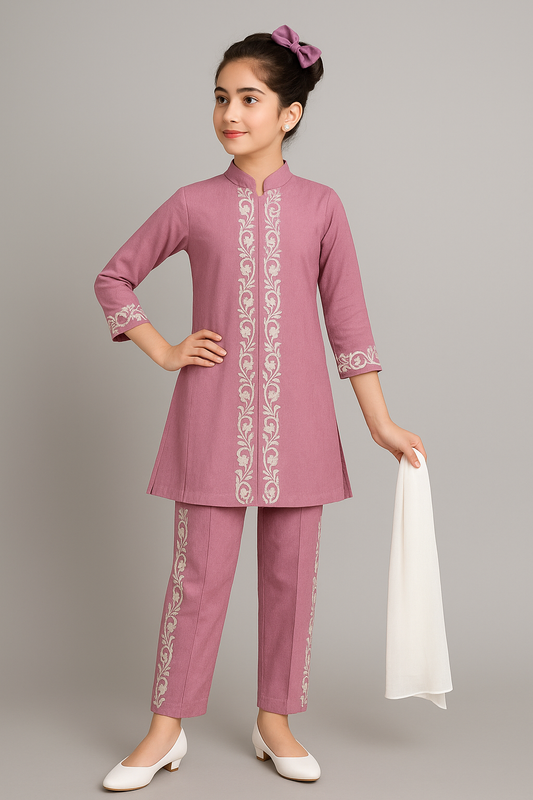 Girls Purple Embroidered Kurta Set - 7126