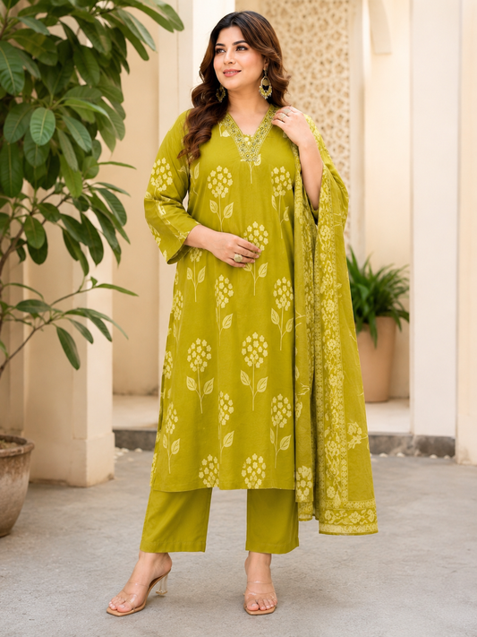 Olive Meadow Cotton 3 Piece Suit Set