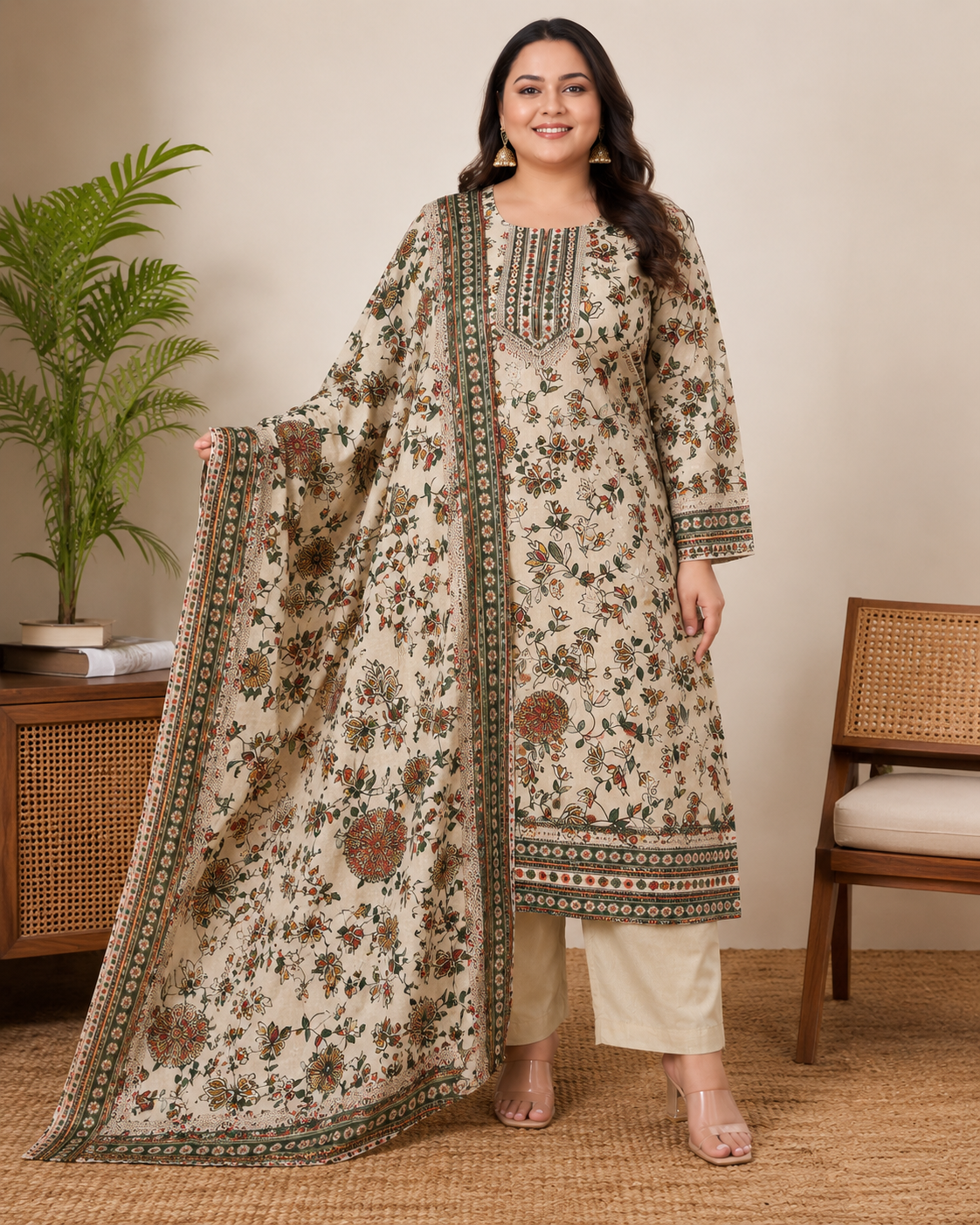Meadow Beige Floral Cotton 3 Piece Suit Set