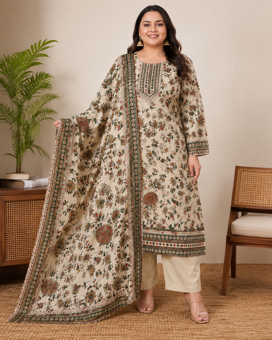 Meadow Beige Floral Cotton 3 Piece Suit Set