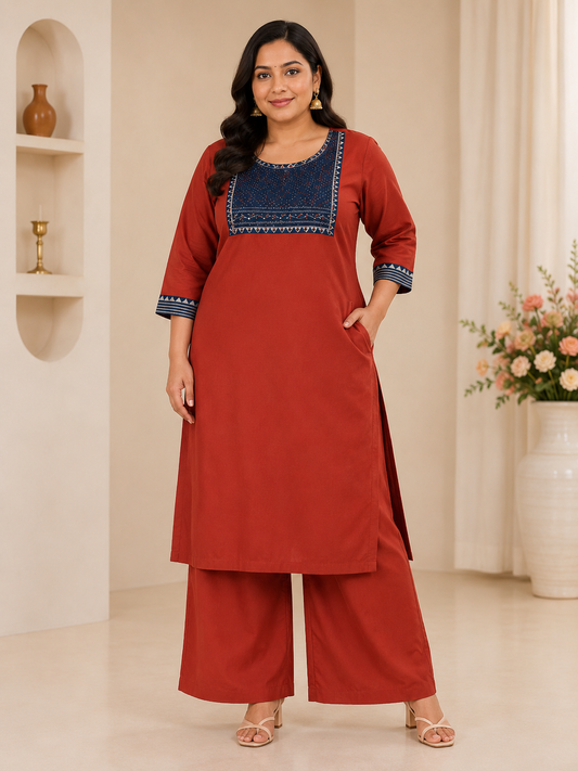 Rust Ember Embroidered Kurta Set