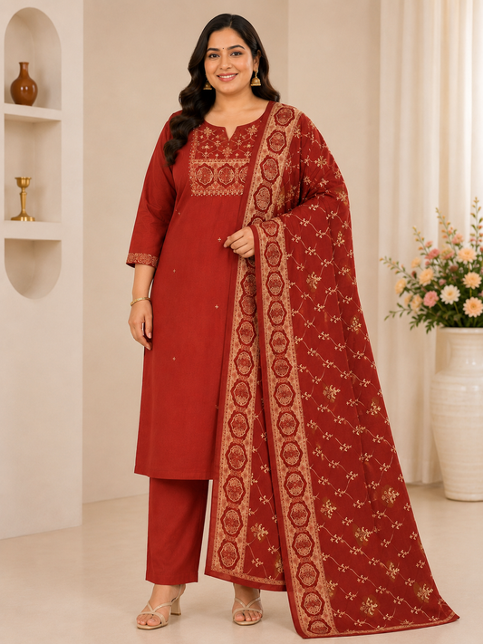 Royal Crimson Embroidered Kurta Set with Dupatta