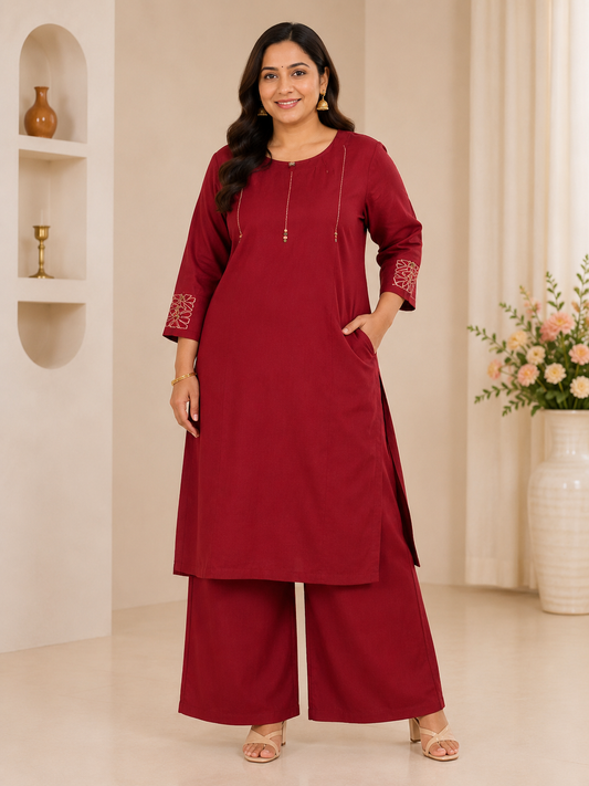 Maroon Red Embroidered Kurta Set