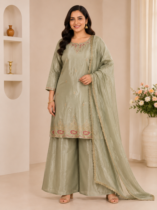 Sage Green Embroidered Kurta Set with Dupatta