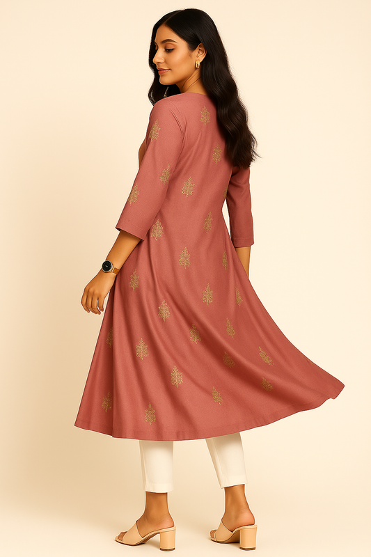 Rose Gold Ethnic Silk-Cotton Kurti with Gold Embroidery