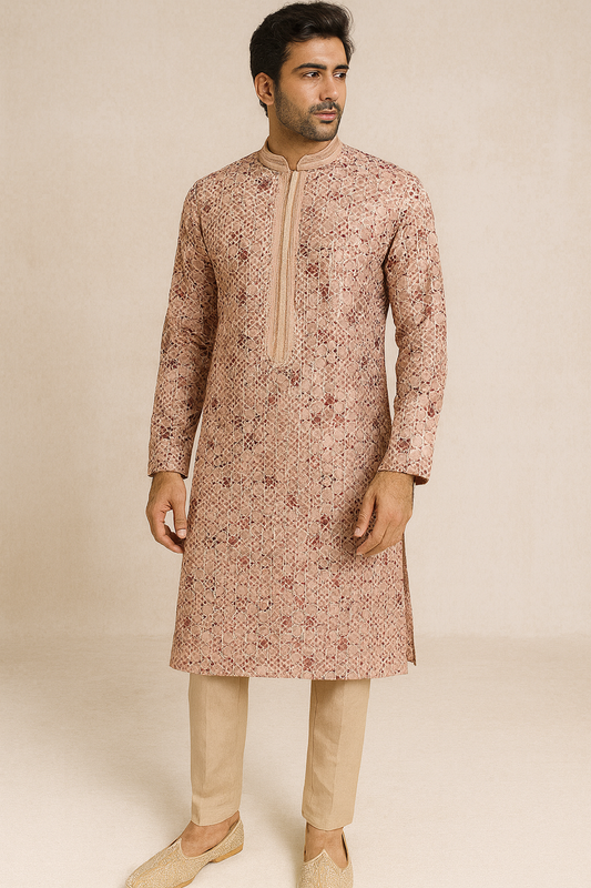 Rose Pink Geometric Embroidered Kurta for Men