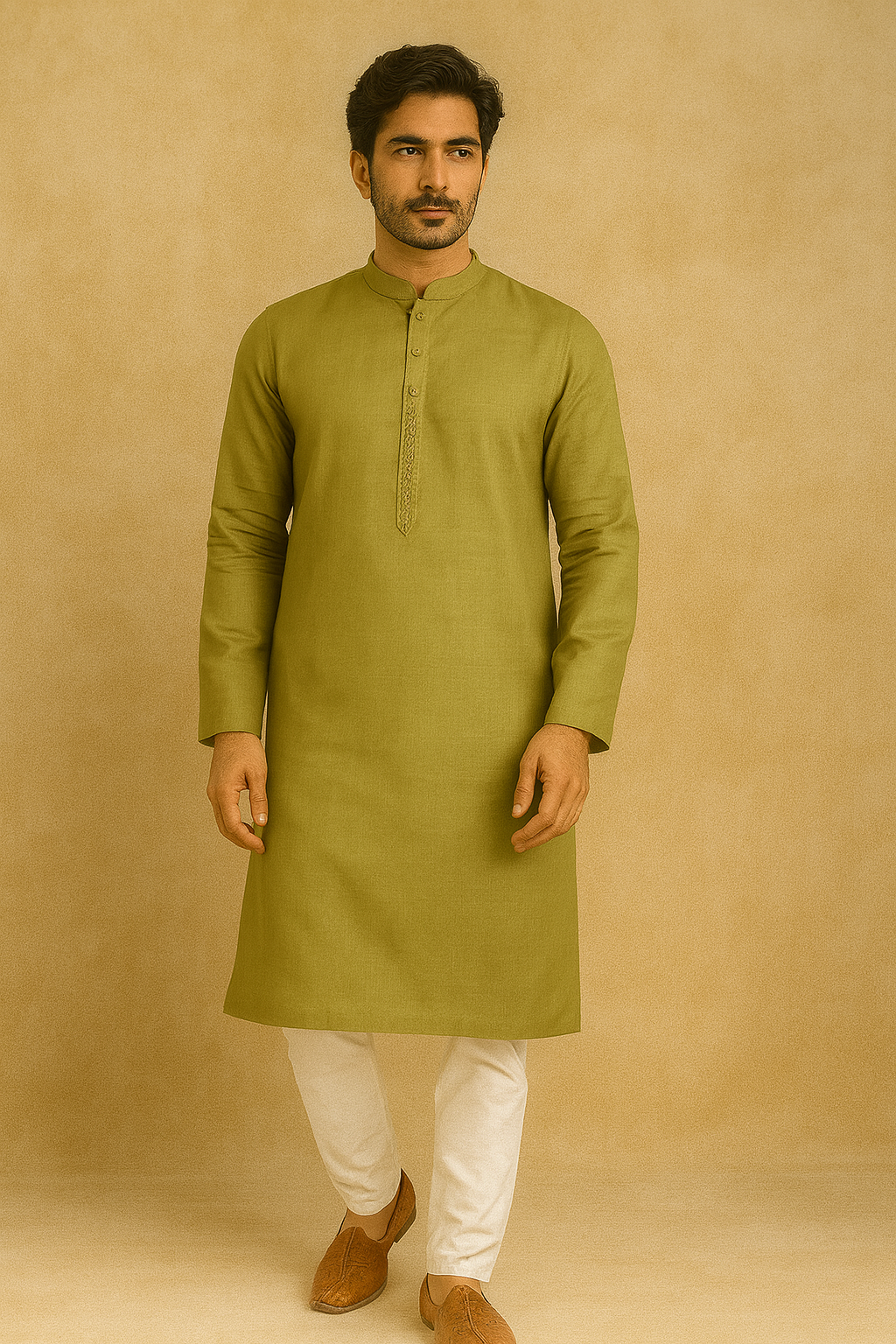 Elegant Textured Men's Kurta – Olive Green
