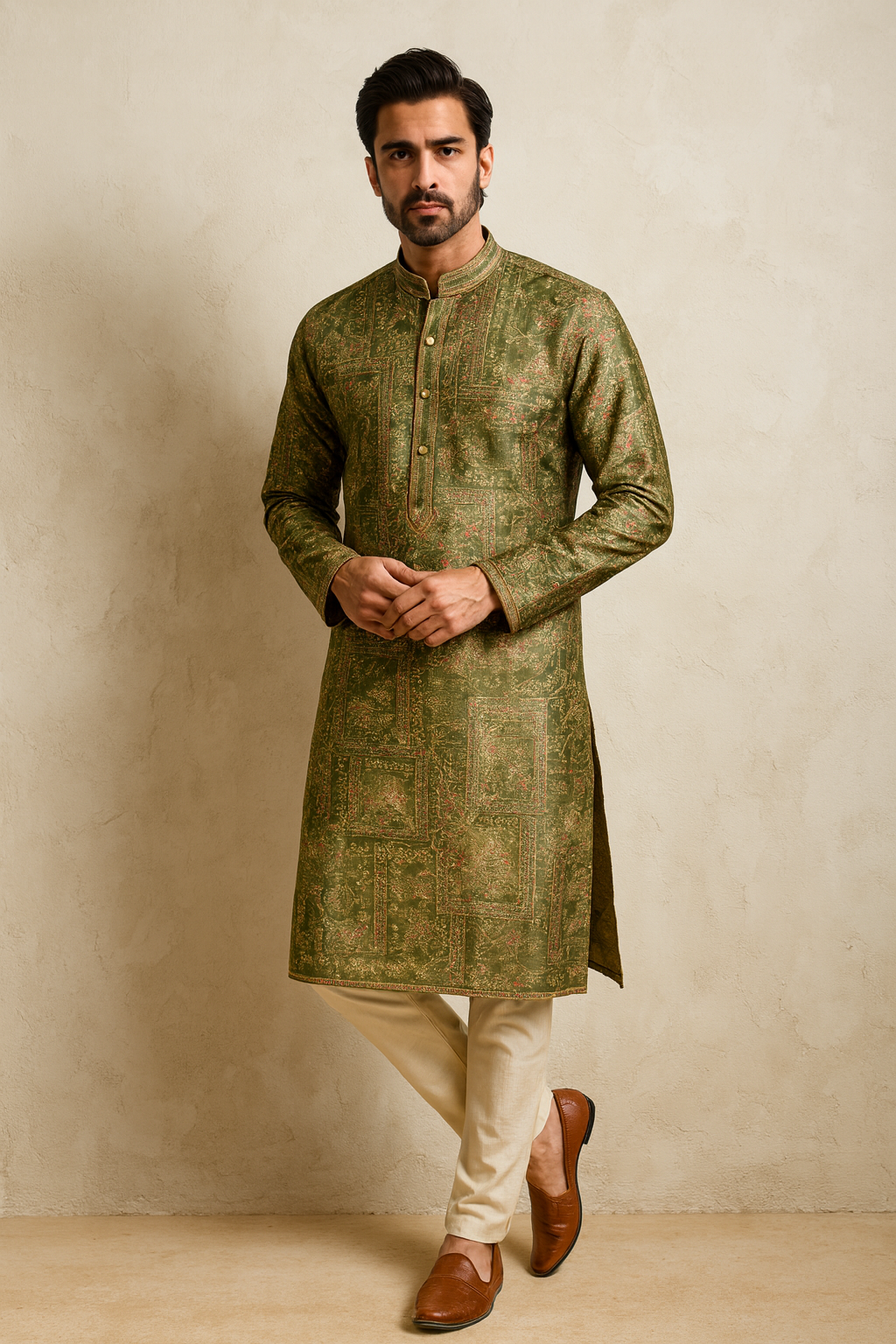 Regal Olive Gold Embroidered Men's Kurta Set