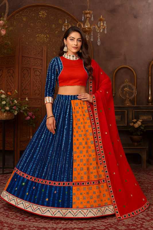 Orange & Navy Halter-Neck Designer Lehenga Choli Set with Dupatta