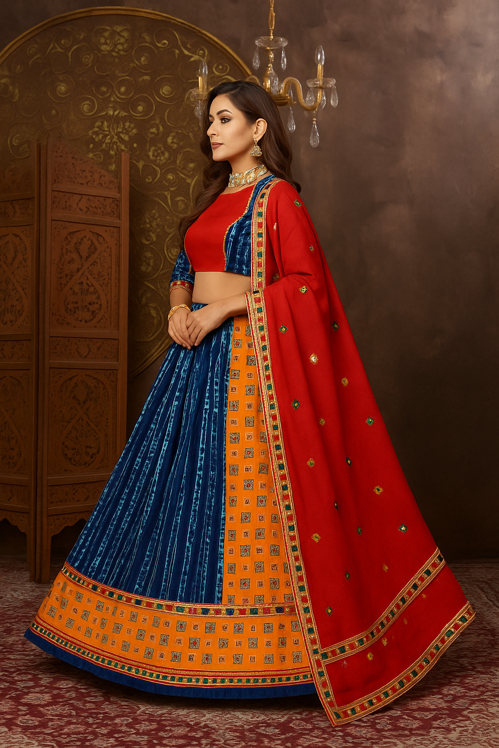 Orange & Navy Halter-Neck Designer Lehenga Choli Set with Dupatta