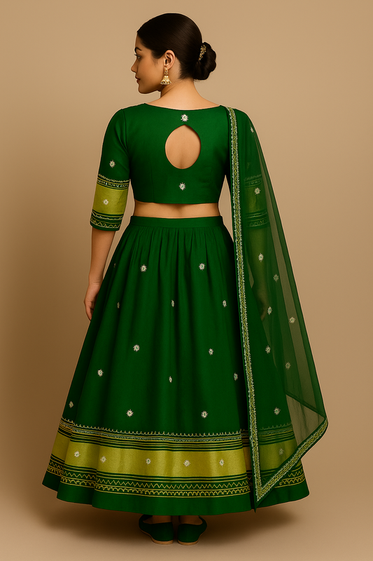 Emerald green lehenga choli alternate view showing blouse and skirt embroidery