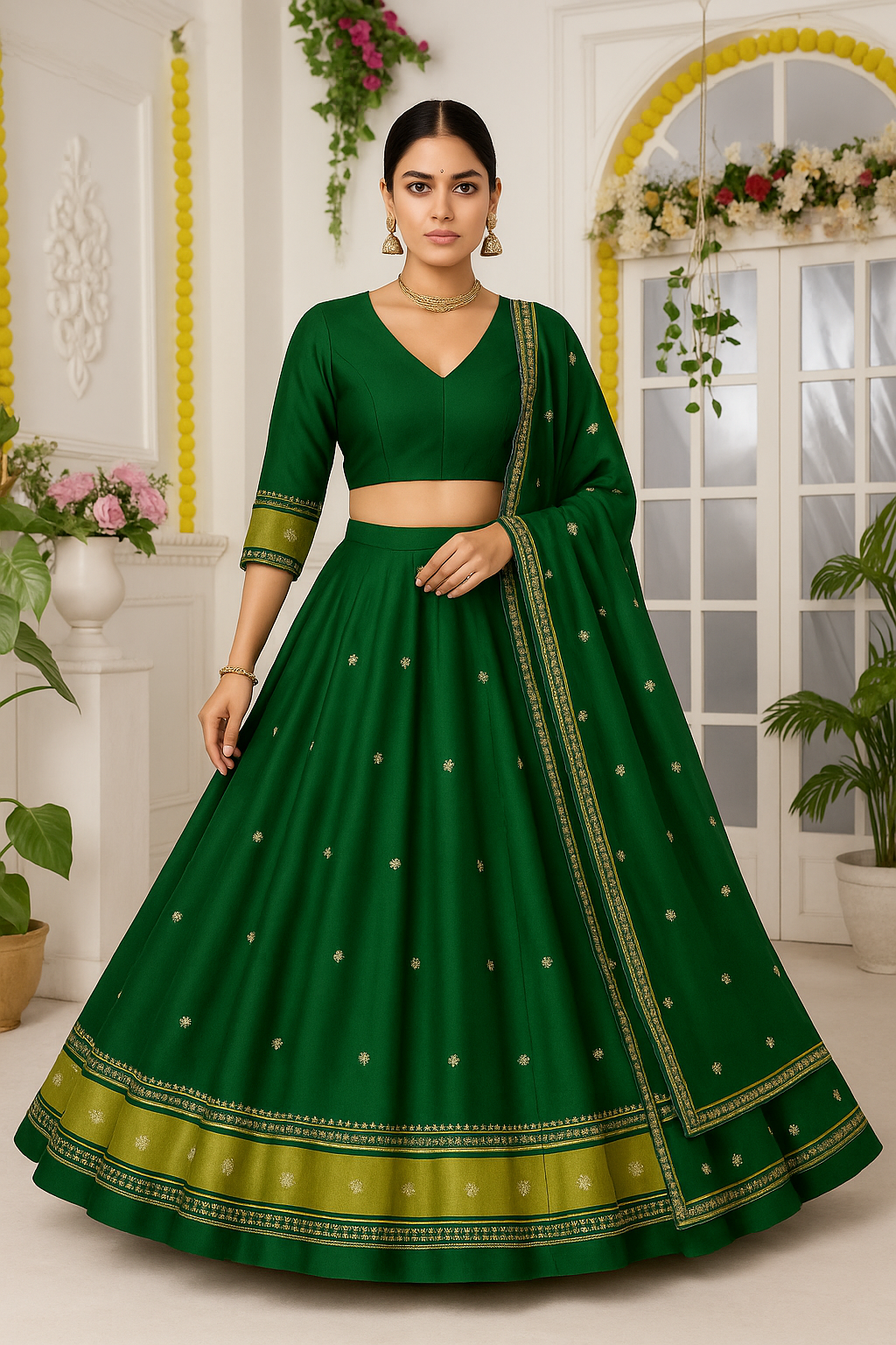 Emerald green lehenga choli back and dupatta detail