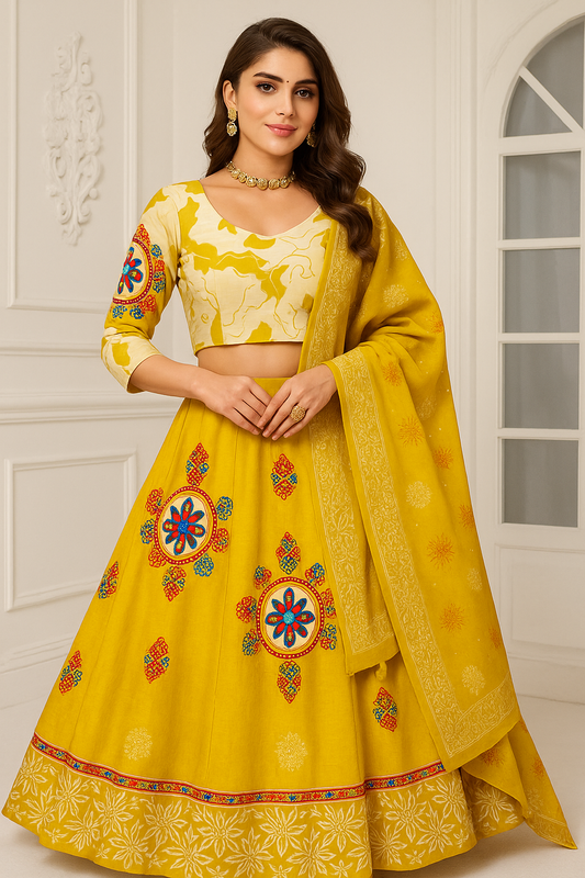 Premium Yellow Cotton Lehenga Choli Set