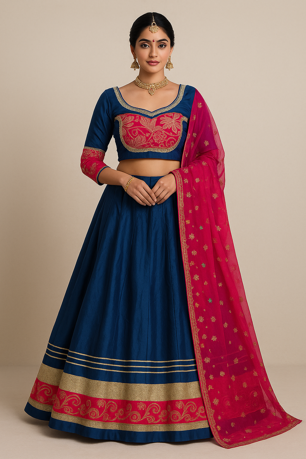 Royal Blue & Pink Embroidered Lehenga Choli Set