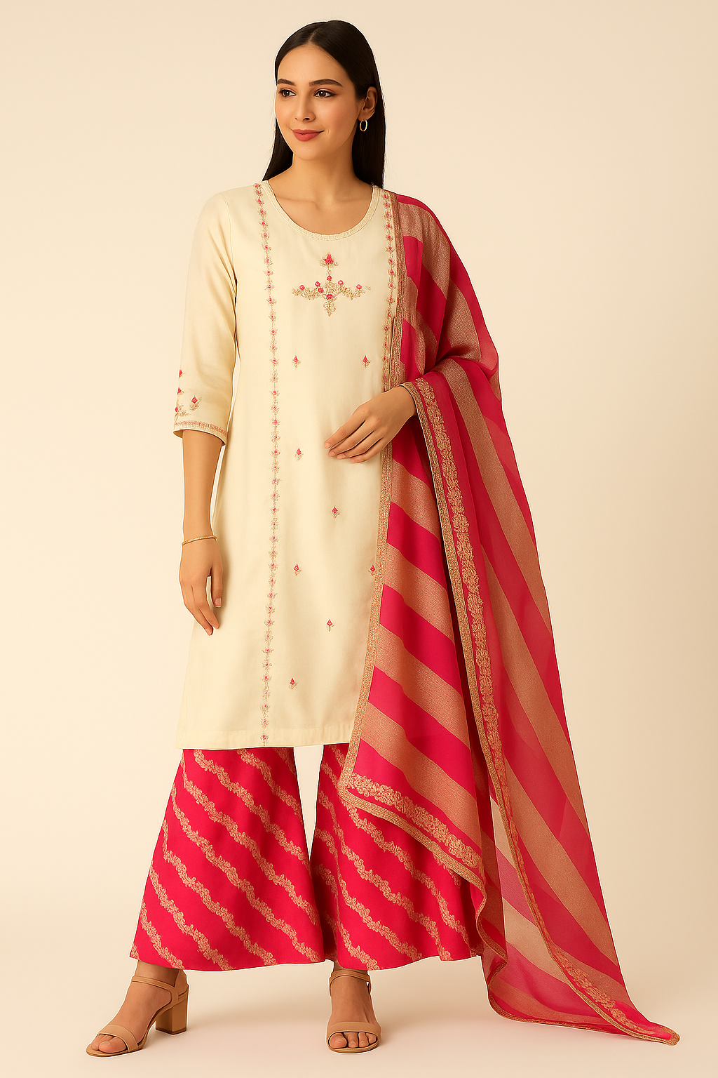 Woman wearing a cream kurta with red and gold palazzo pants and dupatta on a beige background