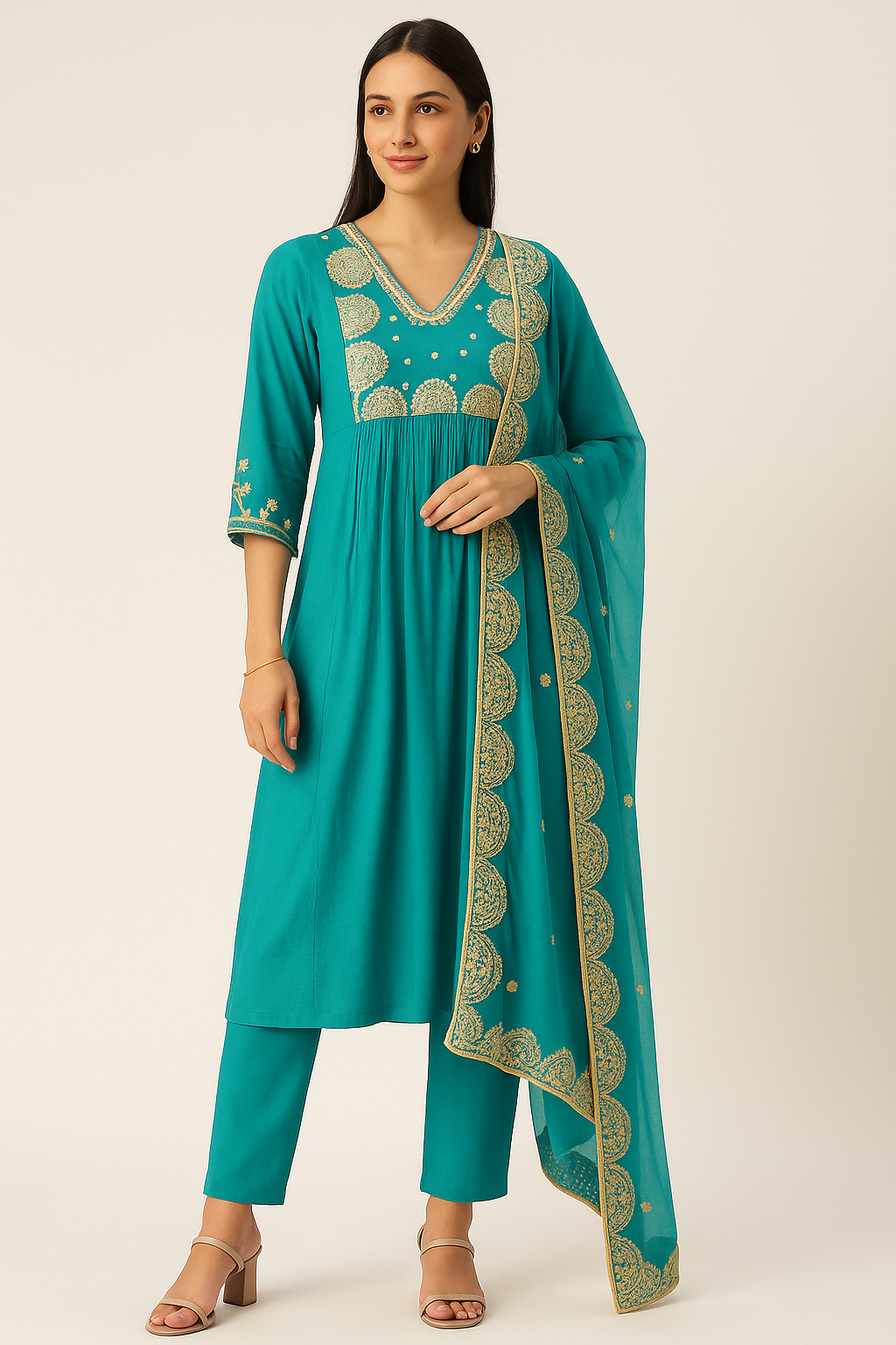 Aqua Green Premium Embroidered Three-Piece Kurta Set