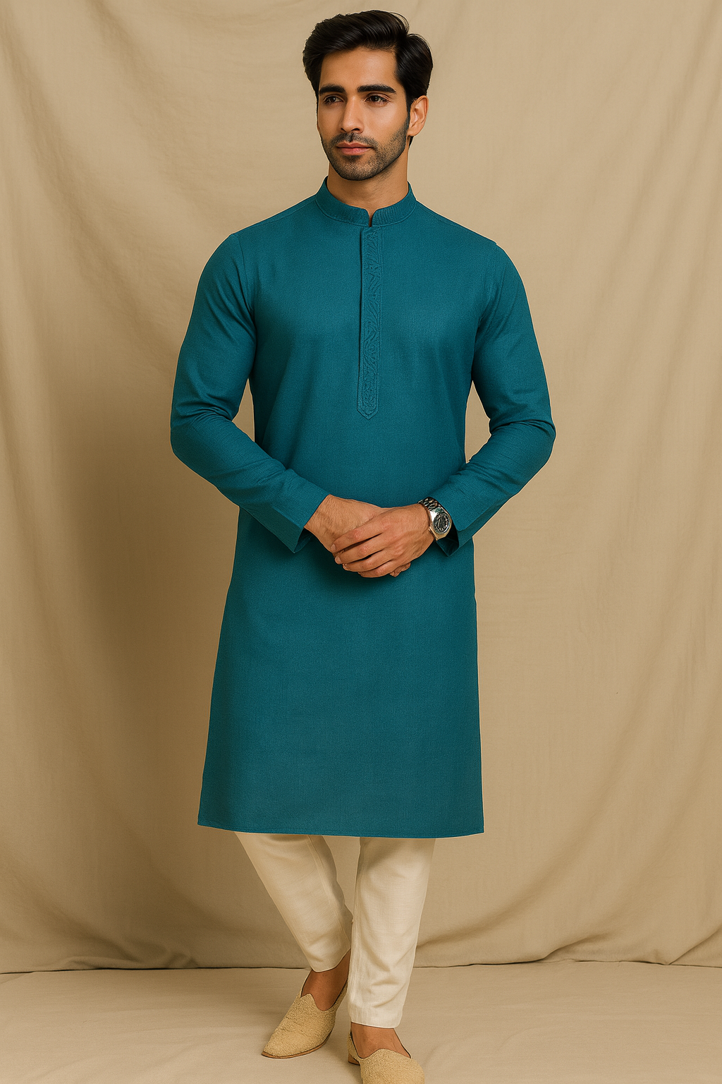 Elegant Textured Men's Kurta – Aqua Teal