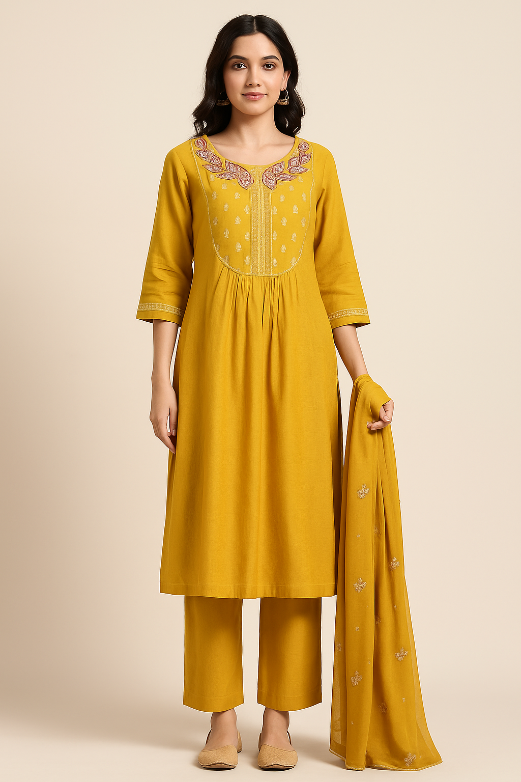 Mustard Yellow Embroidered Kurta Set