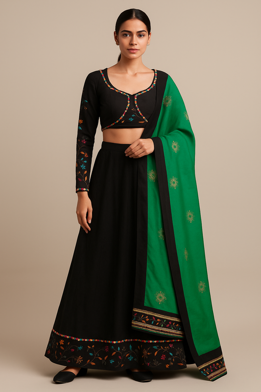 Black and emerald green embroidered crop top and skirt set