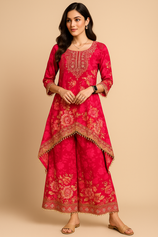 Woman wearing a red embroidered traditional outfit on a beige background