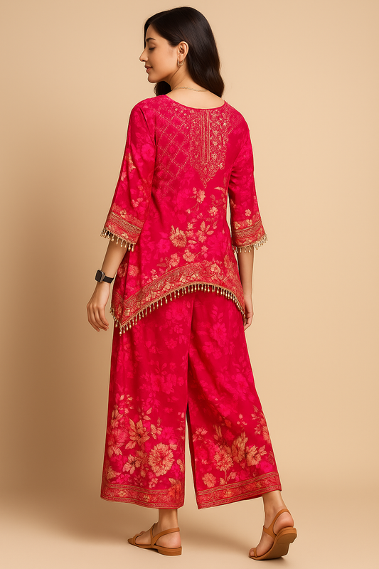 Rose Red Floral Embroidered Co-ord Set