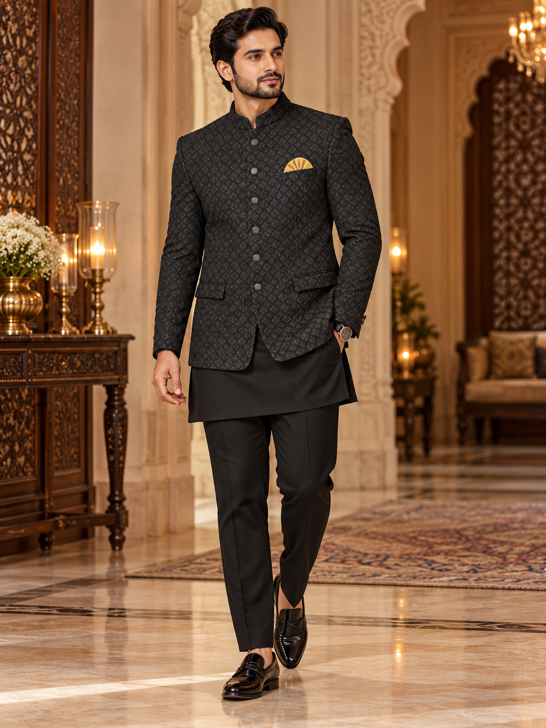 Royal Midnight Black Textured Bandhgala Jacket