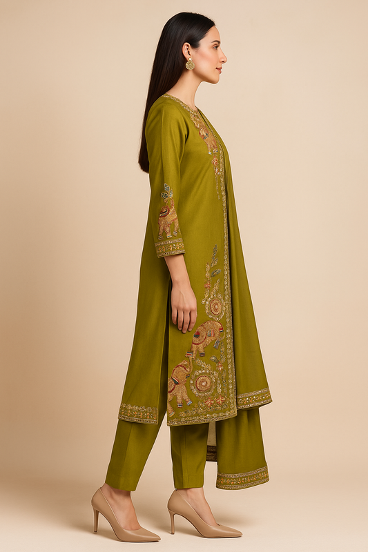 Olive Green Embroidered Kurta Set with Dupatta