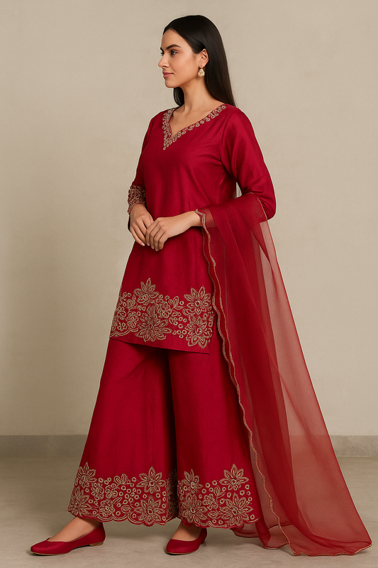 Royal Pink Mul Chanderi Silk Embroidered Palazzo Set