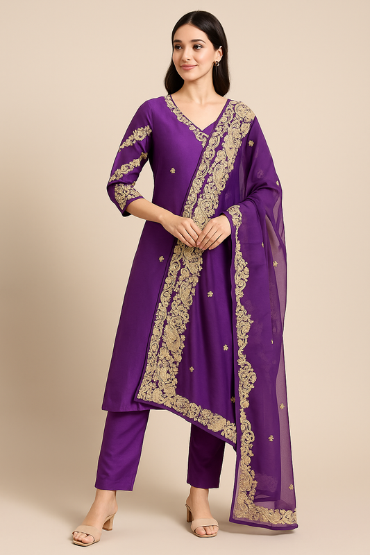 Royal Purple Embroidered 3-Piece Ethnic Suit with Dupatta
