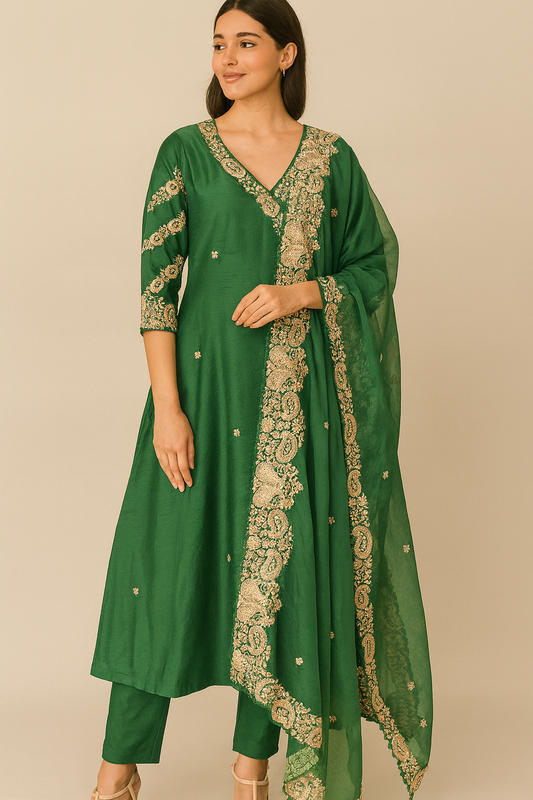 Emerald green zari embroidered kurta set with pants and dupatta – front view