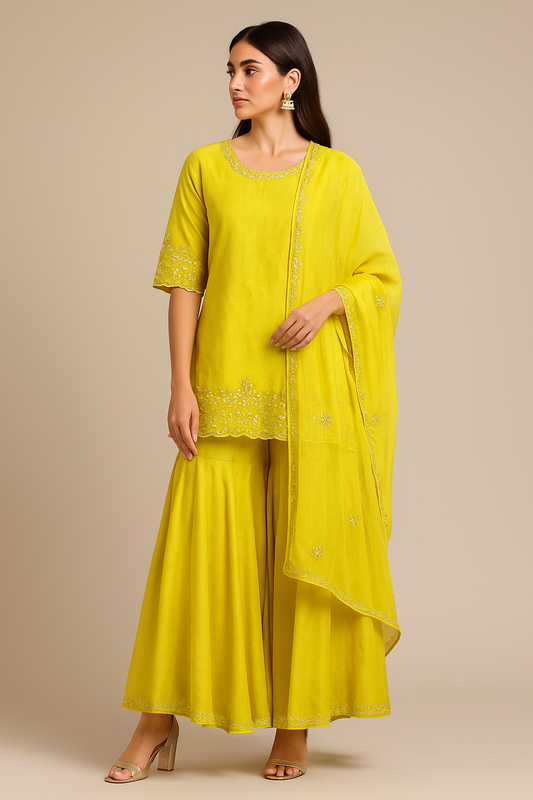 Lemon Yellow Chanderi Silk Palazzo Suit with Dupatta
