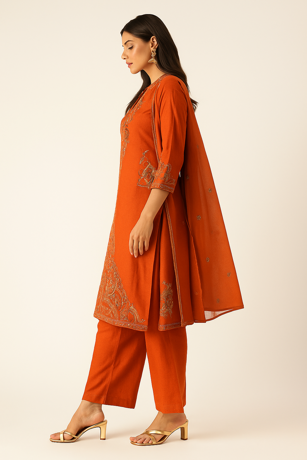 Rust Orange Embroidered Kurta Set with Dupatta
