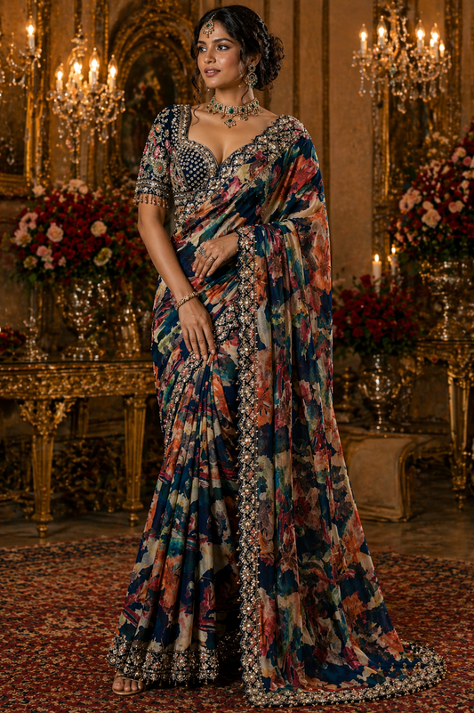 Navy Floral Saree with Embellished Border