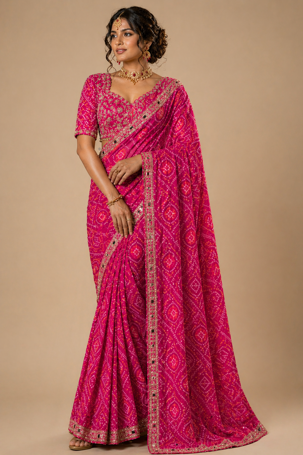 Pink Bandhani Print Saree with Heavy Embroidered Designer Blouse