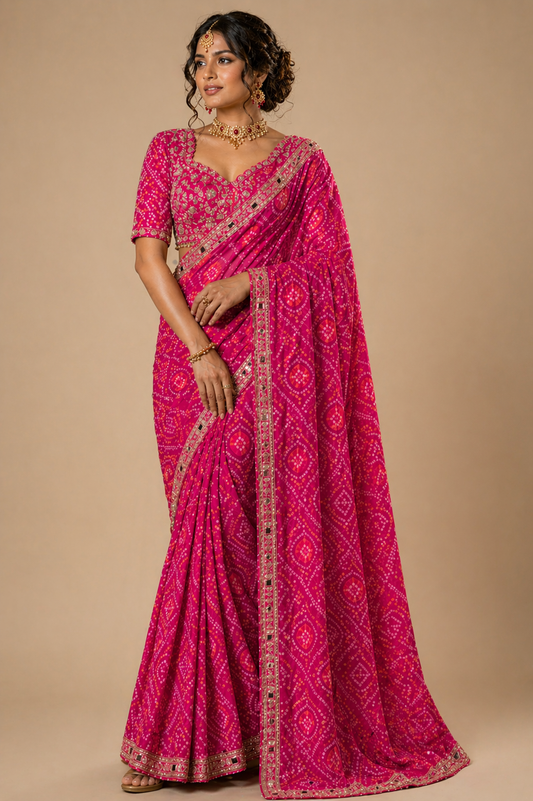 Pink Bandhani Print Saree with Heavy Embroidered Designer Blouse