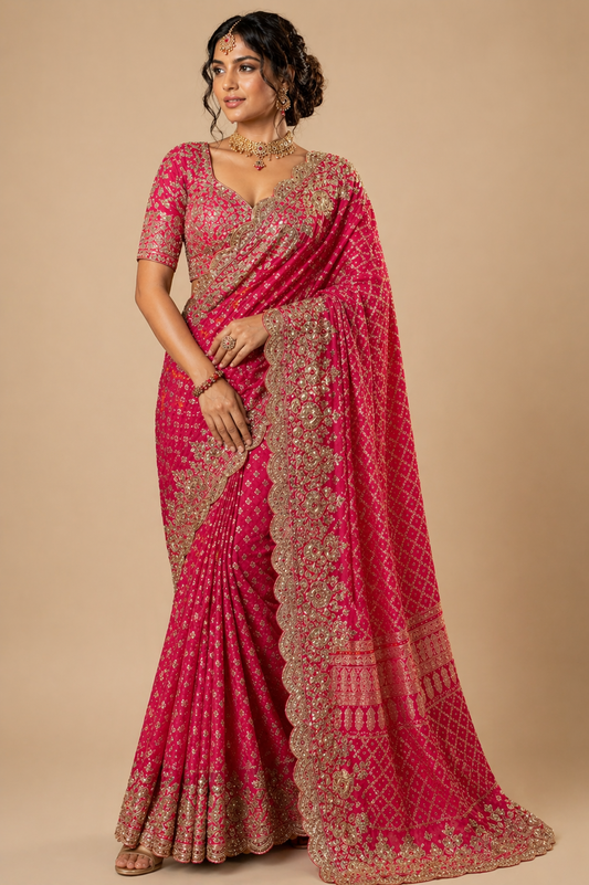 Royal Rani Pink Zari Embroidered Designer Saree with Blouse