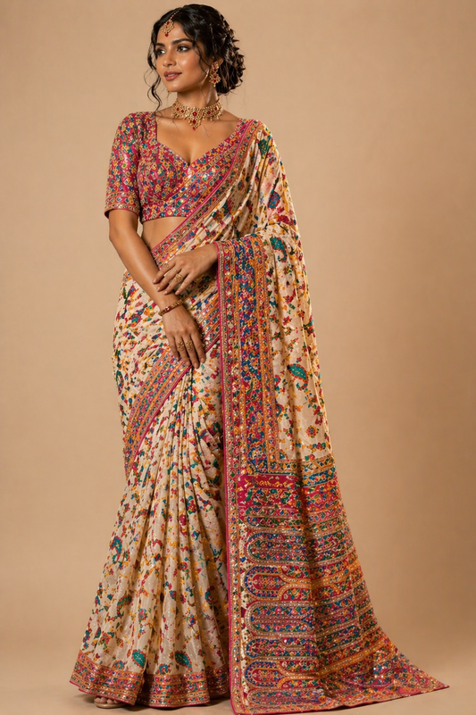 Ivory Ethnic Print Saree with Heritage Multicolour Border
