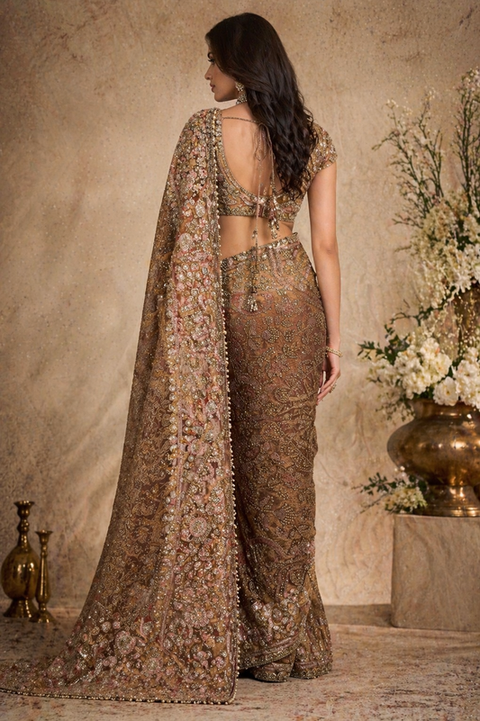 Mocha Rose Heavy Embroidered Saree with Stitched Blouse