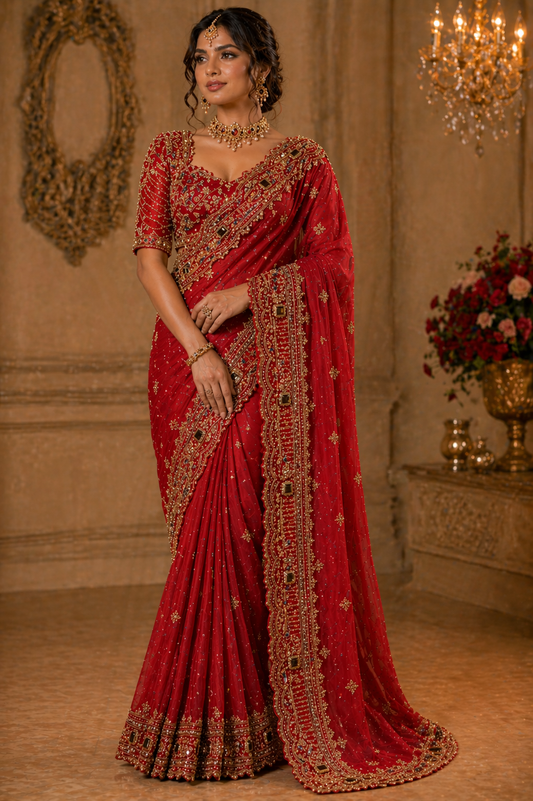 Royal Zari Ruby Saree with Beaded Blouse