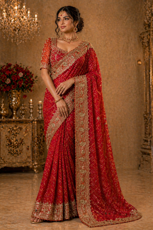 Red Bandhani Saree with Heavy Beaded Border