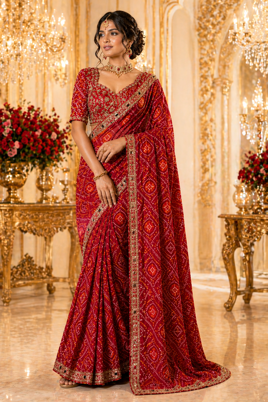Red Bandhani Print Saree with Heavy Embroidered Designer Blouse