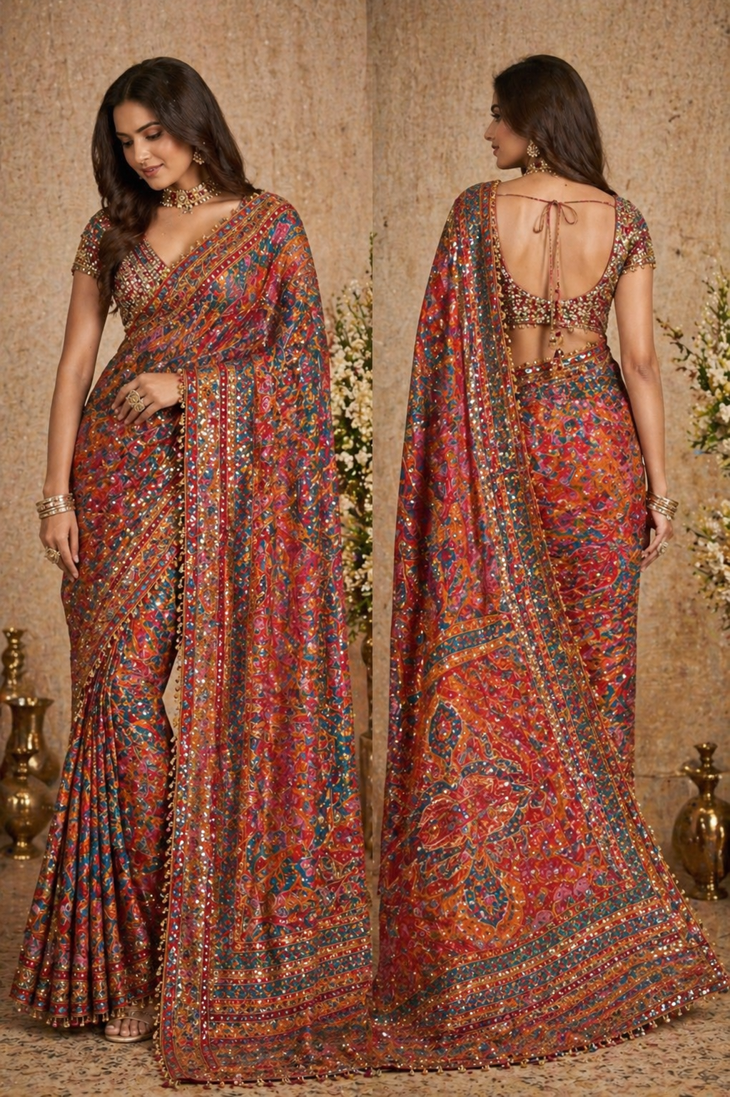 Multicolor Heritage Heavy Embroidered Saree with Stitched Blouse