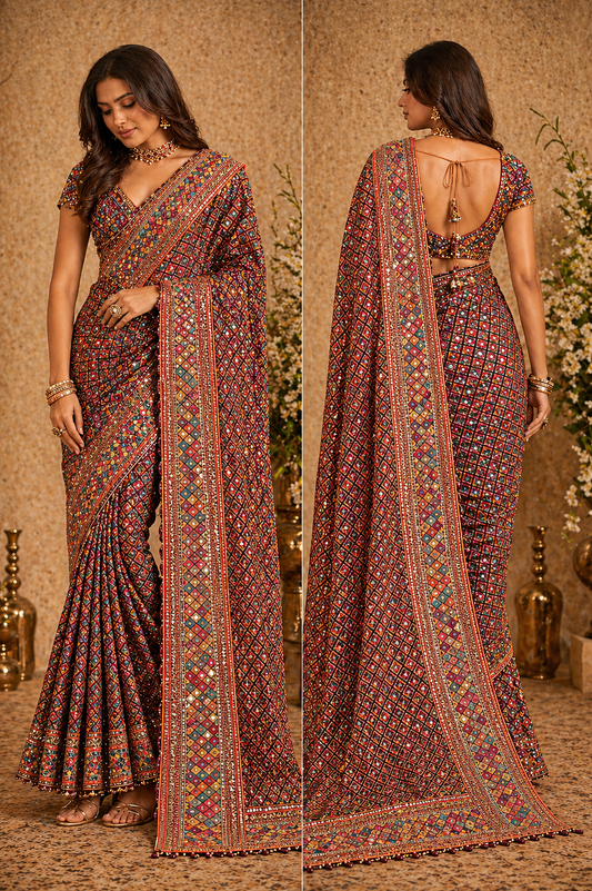 Royal Multicolour Heavy Embroidered Saree with Stitched Blouse