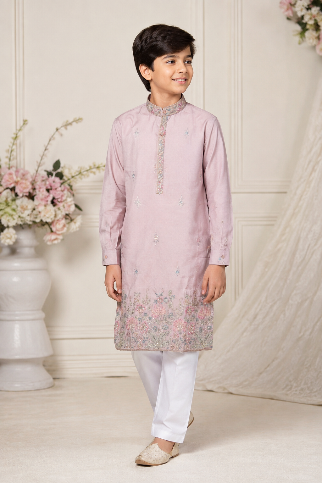 Boys Blush Pink Embroidered Festive Kurta