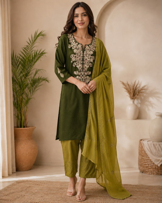 Olive Green Cotton Silk embroidered Salwar Suit with contrast dupatta